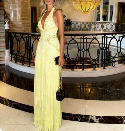 Gorgeous Yellow Halter V-Neck Beaded Fringe Long Prom Dress Evening Dress cc5456
