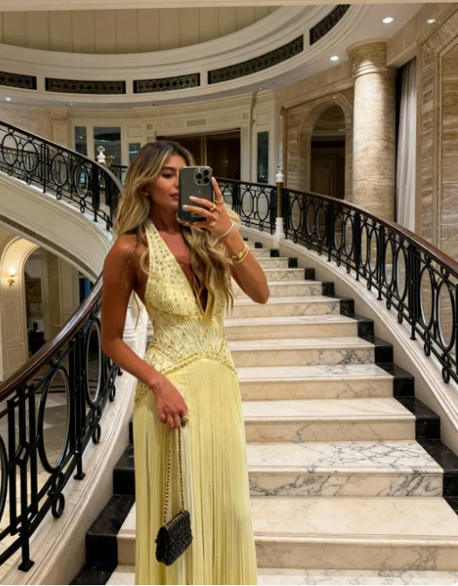 Gorgeous Yellow Halter V-Neck Beaded Fringe Long Prom Dress Evening Dress cc5456