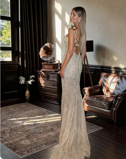 Sexy Champagne Mermaid Spaghetti Strap Backless 3D Golden Floral Applique Train Prom Dress Evening Dress cc5458