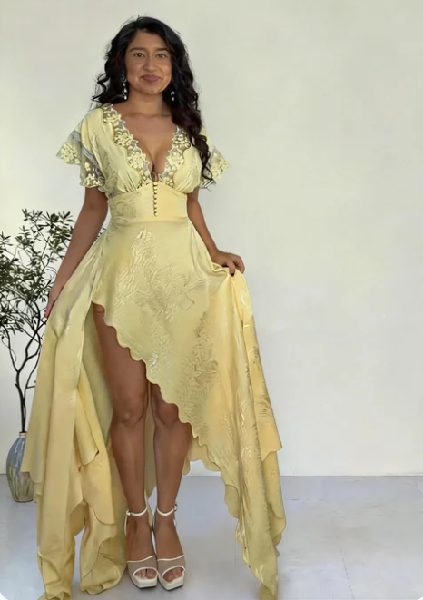 Elegant Yellow V-Neck Irregular High-Slit Lace Jacquard Satin Long Prom Dress Evening Dress cc5462