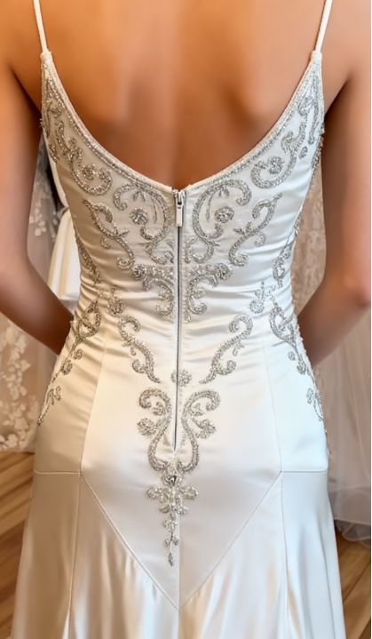 Vintage White Spaghetti Strap Square Neck Pearl-Embellished Satin Train Prom Dress Evening Dress cc5465