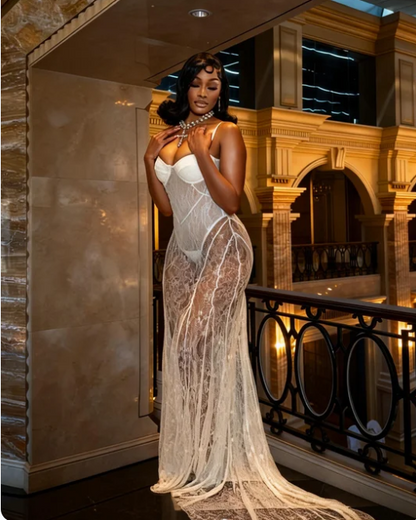 Sexy White Spaghetti Strap Mermaid Lace Tulle Train Prom Dress Evening Dress cc5481