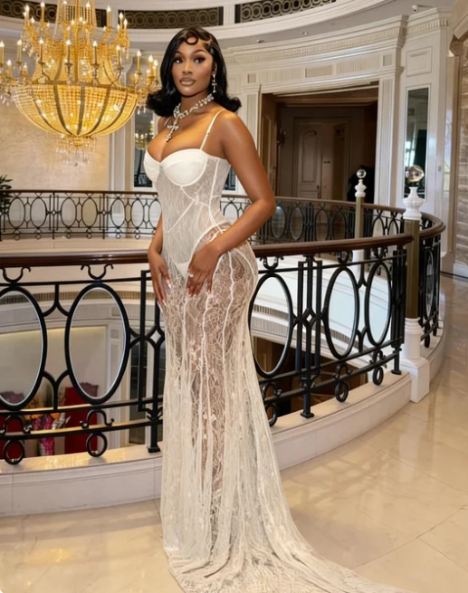 Sexy White Spaghetti Strap Mermaid Lace Tulle Train Prom Dress Evening Dress cc5481