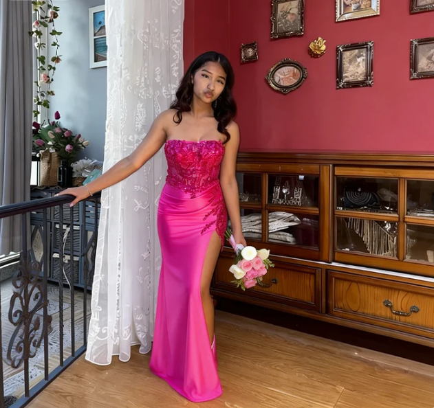 Sweet Bright Pink Strapless Mermaid Lace Split Satin Prom Dress Evening Dress cc5485