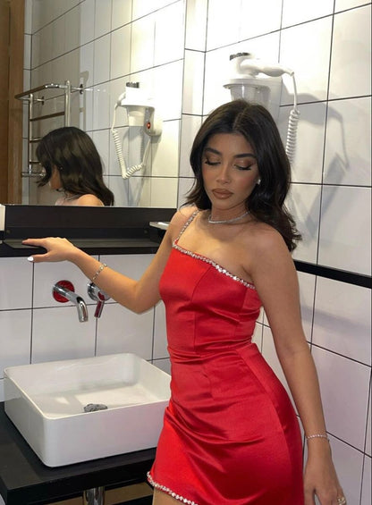 Gorgeous Red One-shoulder Diamond Embellished Slim-fit Satin Birthday Party Homecoming Dress cc4686