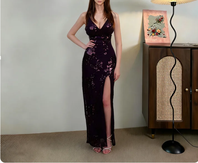 Vintage Deep Purple Spaghetti Strap V-Neck Mermaid High Slit Sequin Long Prom Dress Evening Dress cc5490