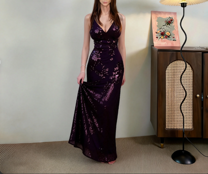 Vintage Deep Purple Spaghetti Strap V-Neck Mermaid High Slit Sequin Long Prom Dress Evening Dress cc5490
