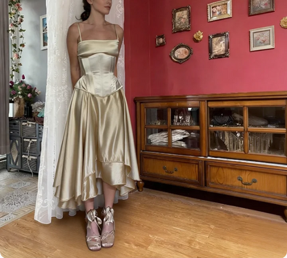 Elegant Champagne Gold Spaghetti Strap Square Neck Boned Waist Irregular Hem Satin Prom Dress Evening Dress cc5493
