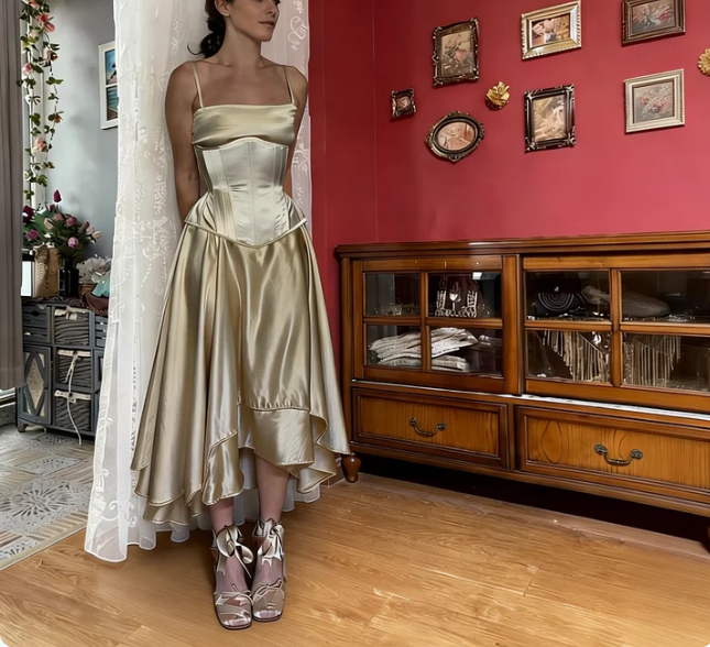 Elegant Champagne Gold Spaghetti Strap Square Neck Boned Waist Irregular Hem Satin Prom Dress Evening Dress cc5493