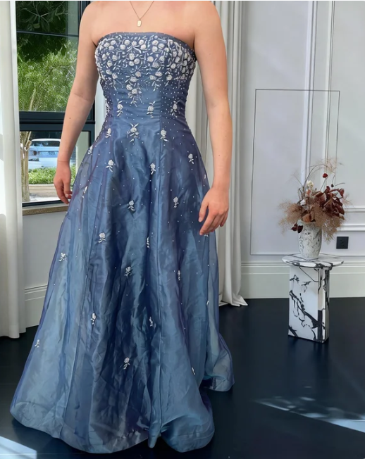 Elegant Dusty Blue Strapless A-Line Embroidered Organza Long Prom Dress Evening Dress cc5497