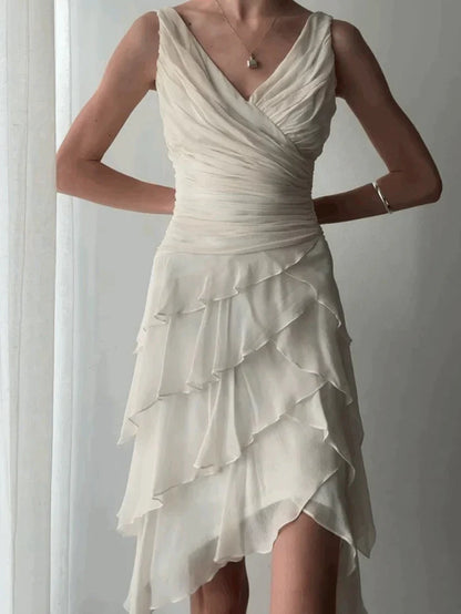 Elegant Ivory V-neck Layered Waist Pleated Irregular Chiffon Ruffle Birthday Party Homecoming Dress cc4697