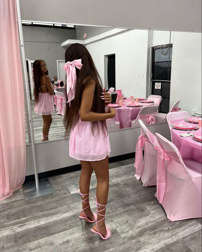 Cute Pink Halter Square Neck Open Back Mini Chiffon 16th Birthday Homecoming Dress cc4699