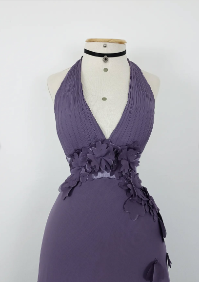 Pretty Purple Halter V-Neck 3D Floral Layered Irregular Chiffon Long Prom Dress Evening Dress cc5505