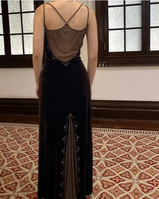 Vintage Black Spaghetti Strap Slit Beaded Velvet Long Prom Dress Evening Dress cc5506