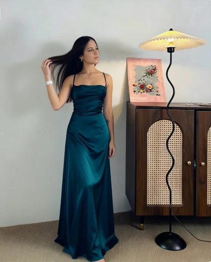 Elegant Teal Spaghetti Strap Square Neck Satin Long Prom Dress Evening Dress cc5510
