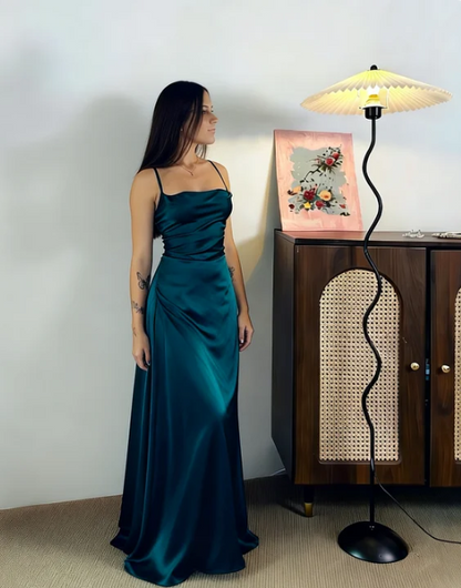Elegant Teal Spaghetti Strap Square Neck Satin Long Prom Dress Evening Dress cc5510