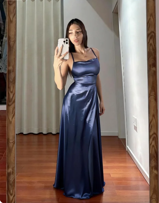 Elegant Dusty Blue Spaghetti Strap Square Neck Slit Satin Long Prom Dress Evening Dress cc5514