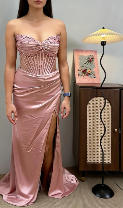 Elegant Pink Sweetheart Neck Corset Beaded High Slit Satin Long Prom Dress Evening Dress cc5520