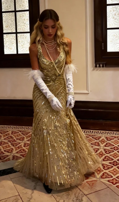 Gorgeous Champagne Gold V-Neck Mermaid Sequin Striped Tulle Long Prom Dress Evening Dress cc5523