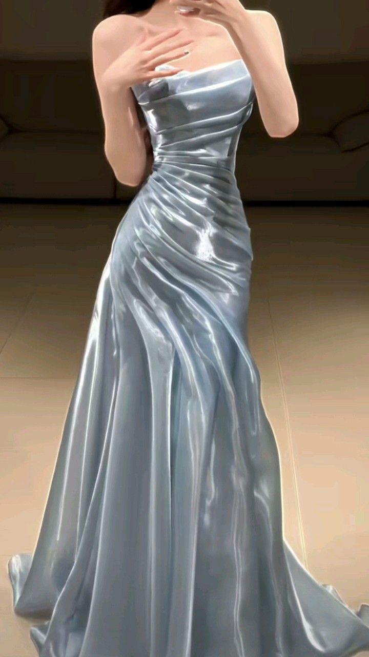 Elegant Blue Strapless Mermaid 3D Ruched Satin Train Prom Dress Evening Dress cc5528