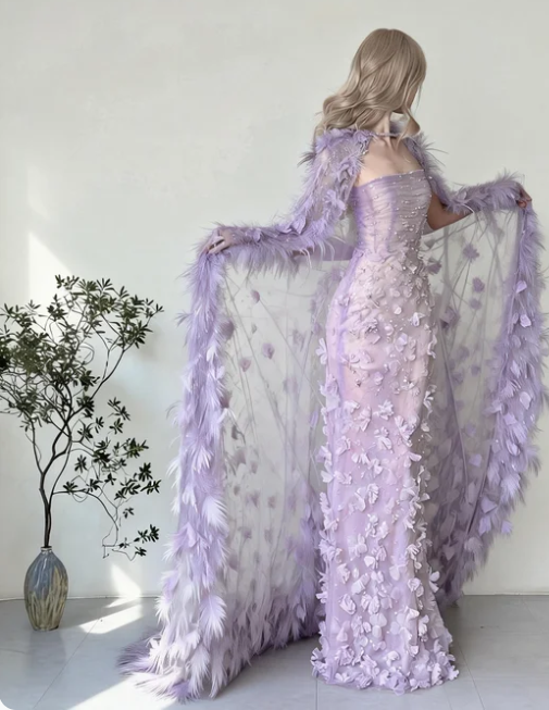 Dreamy Light Purple Strapless Mermaid 3D Petal Tulle Long Prom Dress Evening Dress cc5531