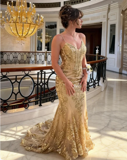 Gorgeous Champagne Gold Spaghetti Strap Mermaid Sequin Embroidered Tulle Train Prom Dress Evening Dress cc5538