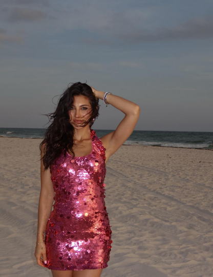 Shining Fashion Rose Pink Halter Neck Sequin Slim Birthday Dress Homecoming Dress cc4074