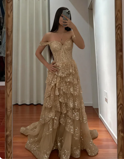 Gorgeous Champagne Gold Off-the-Shoulder A-Line Sequin Layered Tulle Train Prom Dress Evening Dress cc5541