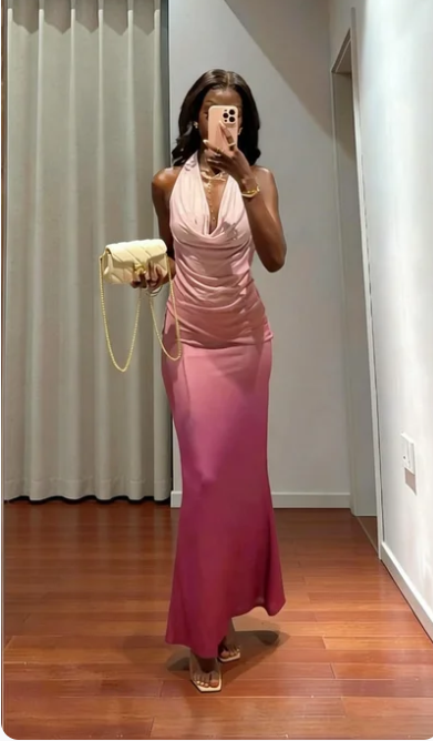 Elegant Pink Gradient Mermaid Halter Neck Satin Long Prom Dress Evening Dress cc5556