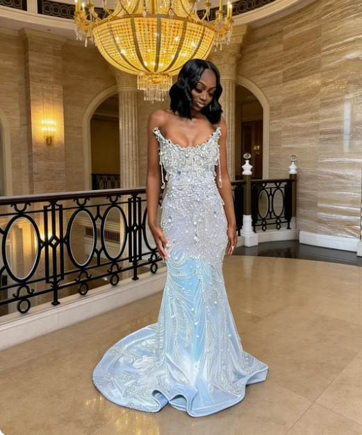 Gorgeous Light Blue Mermaid Beaded Satin Train Prom Dress Evening Dress cc5559