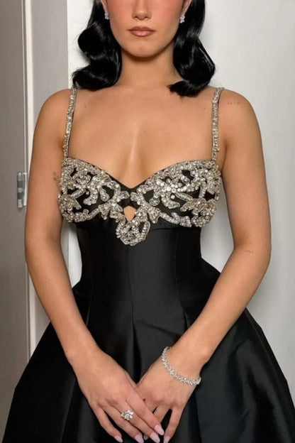 Elegant Black Spaghetti Strap A-Line Rhinestone Satin Train Prom Dress Evening Dress cc5564