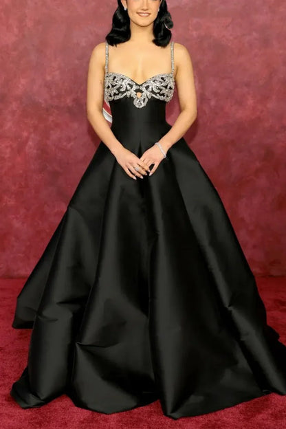 Elegant Black Spaghetti Strap A-Line Rhinestone Satin Train Prom Dress Evening Dress cc5564
