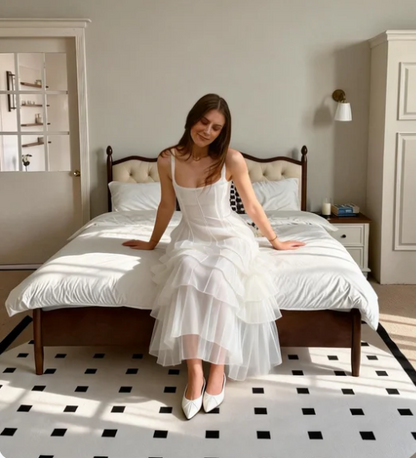 Elegant White A-Line Square Neck Boned Tulle Long Prom Dress Evening Dress cc5571