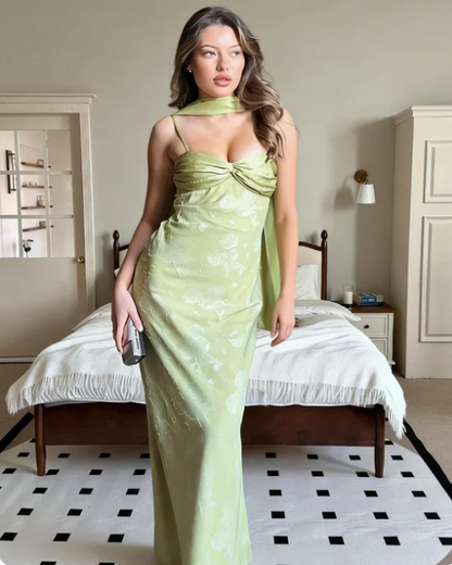 Vintage Light Green Spaghetti Strap Jacquard Satin Long Prom Dress Evening Dress cc5581