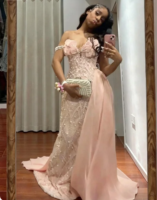 Dreamy Pink Off-the-Shoulder Pearl Beaded Tulle Train Prom Dress Evening Dress cc5587