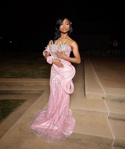 Luxurious Pink Mermaid Beaded Satin Train Prom Dress Evening Dress cc5590