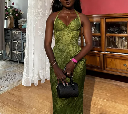 Vintage Green Halter Neck Mermaid Lace Long Prom Dress Evening Dress cc5592