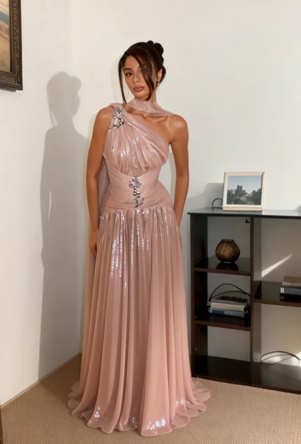 Elegant Dusty Pink One Shoulder Ruched Satin Long Prom Dress Evening Dress cc5610