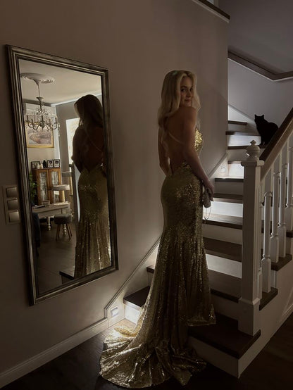 Gorgeous Gold Spaghetti Strap V-Neck Backless Lace-up Mermaid Sequin Train Prom Dress Evening Dress cc5615