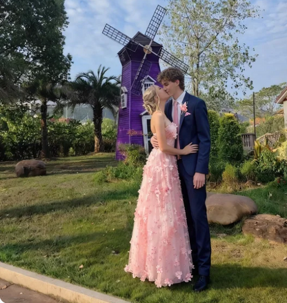 Dreamy Pink Strapless 3D Applique A-Line Tulle Long Prom Dress Evening Dress cc5616