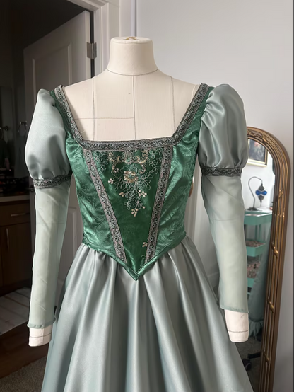 Vintage Court Bean Green Square Neck A-Line Puff Sleeve Embroidered Satin Long Prom Dress Evening Dress cc5638