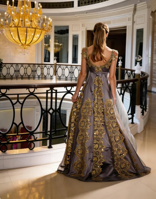 Royal Court Gray Gold Deep V Backless Gold Embroidered Lace Satin Train Prom Dress Evening Dress cc5642
