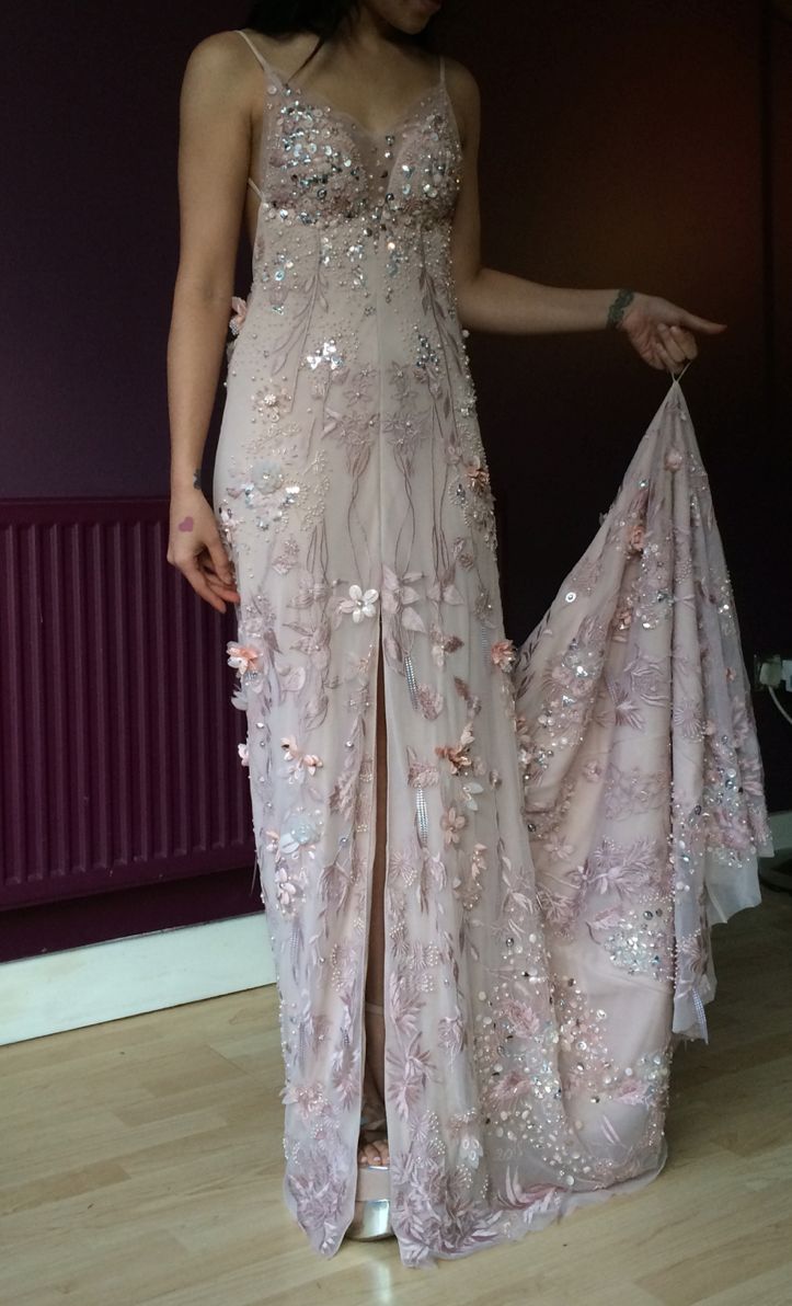 Beautiful Pink Spaghetti Strap 3D Floral Beaded High Slit Train Tulle Prom Dress Evening Dress cc5644