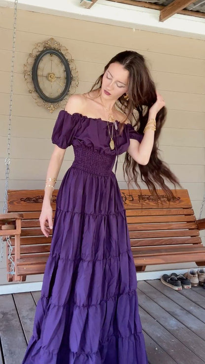Elegant Dark Purple Off-the-Shoulder Waist A-Line Long Prom Dress Evening Dress cc5647