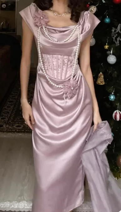 Vintage Dusty Pink Lace Boned Cowl Neck Pearl Flower Satin Long Prom Dress Evening Dress cc5649