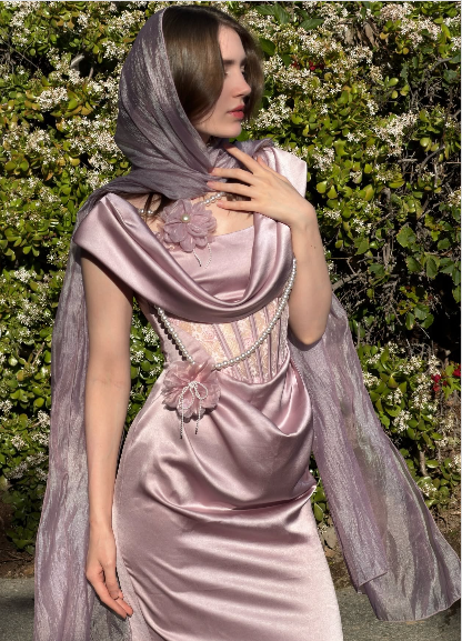 Vintage Dusty Pink Lace Boned Cowl Neck Pearl Flower Satin Long Prom Dress Evening Dress cc5649
