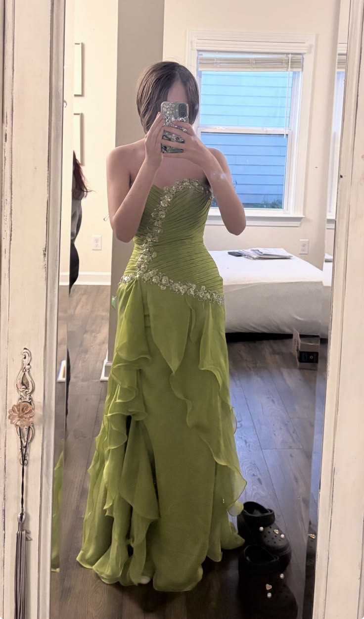Elegant Lime Green Strapless Irregular Ruffle Chiffon Long Prom Dress Evening Dress cc5650