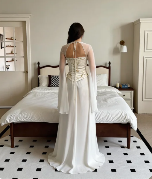 Vintage Ivory A-Line Square Neck Bell Sleeve Embroidered Satin Long Prom Dress Evening Dress cc5652