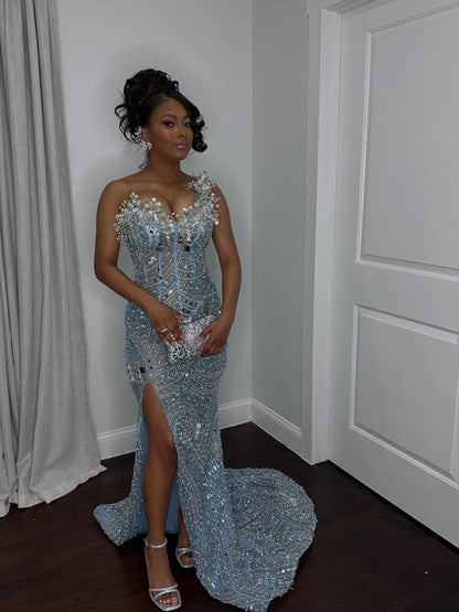 Gorgeous Ice Blue One-Shoulder Crystal Flower High Slit Beaded Tulle Train Prom Dress Evening Dress cc5653