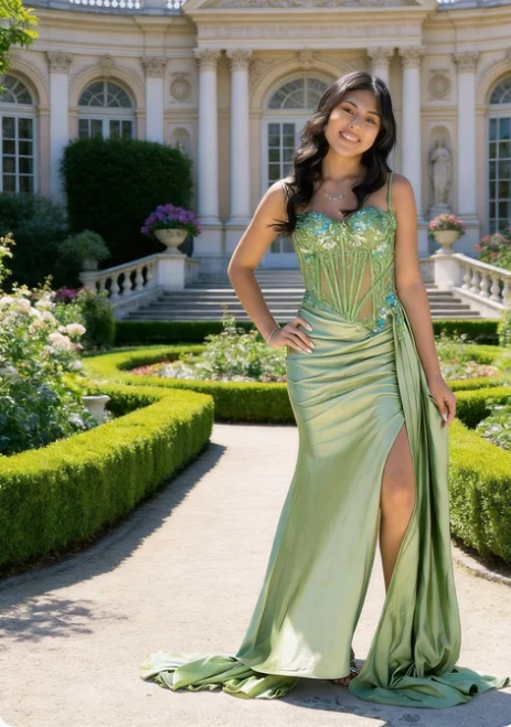 Fresh Lime Green Spaghetti Strap Sheer Boned Waist Ruched High Slit Satin Train Prom Dress Evening Dress cc5655